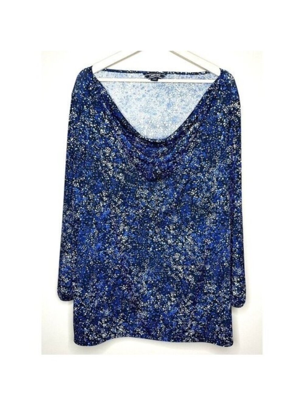 Lands End Womens 3X Blue Cowl Neck Tunic Blouse Stretch Long Sleeve Knit Plus